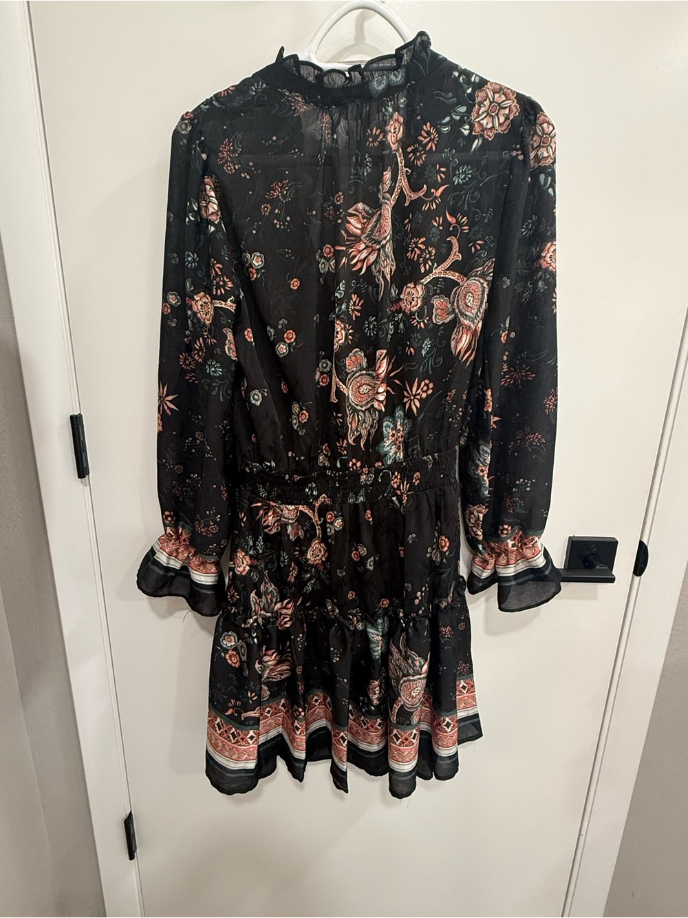 Lovestitch Black Floral Mini Fit & Flare Dress Long Bell Sleeve Size M Boho - Picture 5 of 9